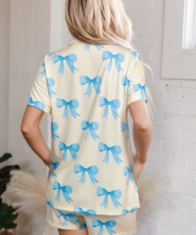 Yellow Bow Printed Short Sleeve Shirt Shorts Pajama Set