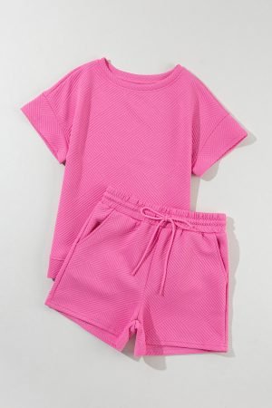 Strawberry Pink 2pcs Solid Textured Drawstring Shorts Set - Image 6