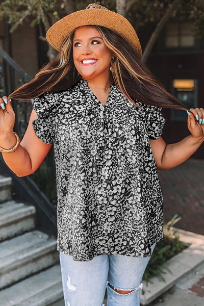 Black Rose Floral Print Ruffle Sleeve Plus Size Shift Top