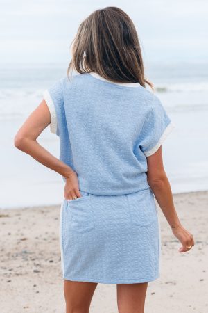 Alternative view of Beau Blue Contrast Trim Textured Crewneck Tee and Pocketed Skirt Set