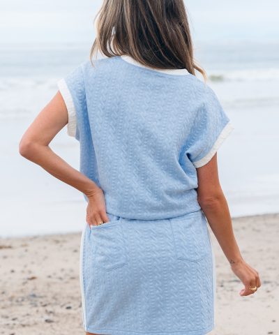 Beau Blue Contrast Trim Textured Crewneck Tee and Pocketed Skirt Set
