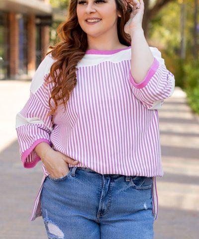 Pink Stripe Patchwork Bracelet Sleeve Plus Size T Shirt
