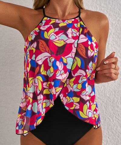 Purple Floral Print O Neck Open Back One Piece Swimsuit