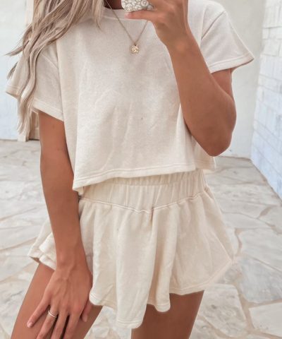 Beige 2pcs Cropped Tee and Ruffle High Waist Skort Set