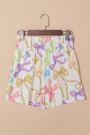 White Cheerful Bow Print Elastic Pull On Casual Shorts - Image 3