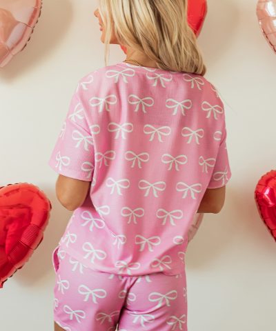 Pink Waffle Knit Bowknot Printed V Neck T Shirt and Shorts Set