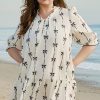 Apricot Bow Printed Puff Sleeve Ruffled Plus Size Mini Dress