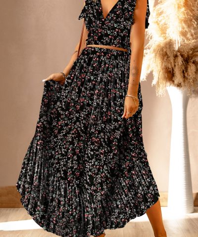 Black Multicolor Floral Ruffled Crop Top and Maxi Skirt Set