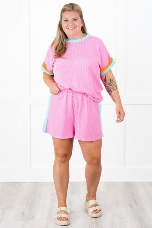 Alternative view of Bonbon Plus Size Color Block Corded Knit Tee and Shorts Set