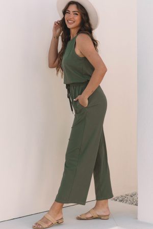 Vineyard Green Buttoned Drawstring Elastic Waistband Sleeveless Wide Leg Jumpsuit - Image 4