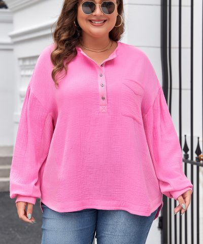 Bonbon Half Buttons Chest Pocket Drop Sleeve Plus Size Top