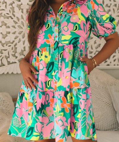 Green Floral Puff Sleeve Collar Buttoned Babydoll Dress