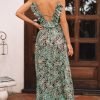 Green Floral Print V Neck Ruffled Trim Backless Tassel Waist Maxi Dress