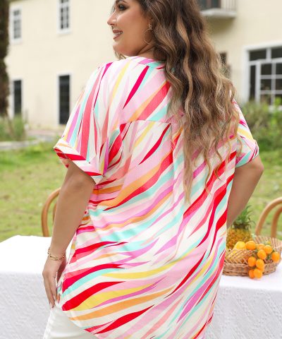 White Abstract Print Short Sleeve Notched Neck Plus Size Top