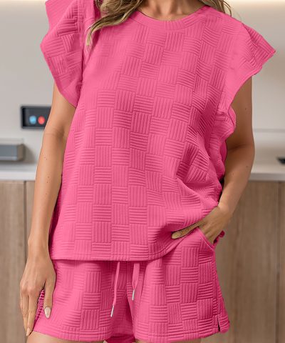 Bonbon Textured Ruffled Sleeve Tee and Drawstring Shorts Set