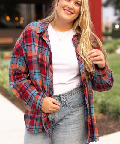 Red Plus Size Plaid Print Buttoned Shirt