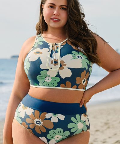 Green Floral Printed Zipped Plus Size Two Pieces Bikini