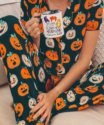 Orange Halloween Pattern Short Sleeve Shirt Pajama Set