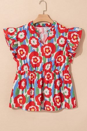 Red Plus Size Floral Print Ruffle Trim Split Neck Peplum Top - Image 5