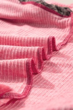 Pink Checkered Paisley Patchwork Raglan Sleeve Seamed Plus Size Top - Image 9