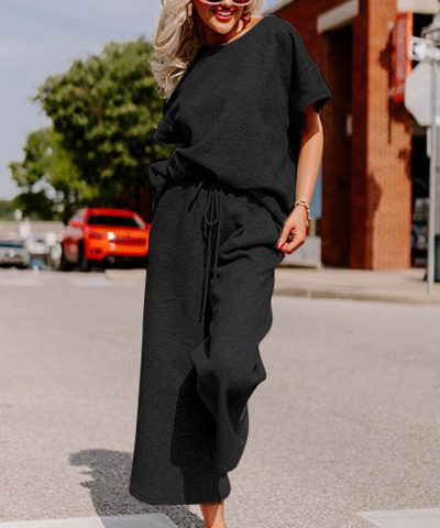 Black Textured Loose Fit T Shirt and Drawstring Pants Set