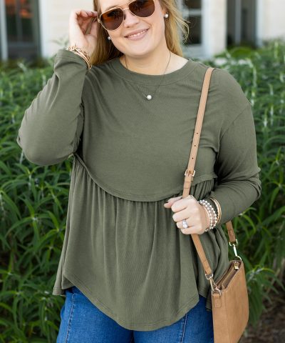 Mist Green Plus Size Thermal Knitted Babydoll Flare Top