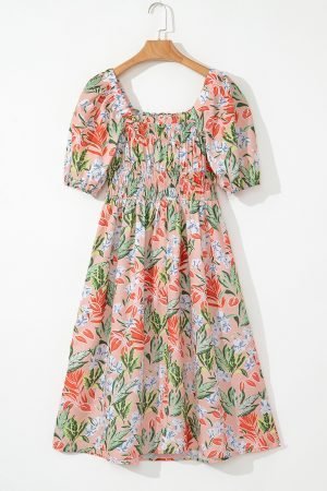 Apricot Pink Floral Smocked Bust Bubble Short Sleeve Maxi Dress - Image 6