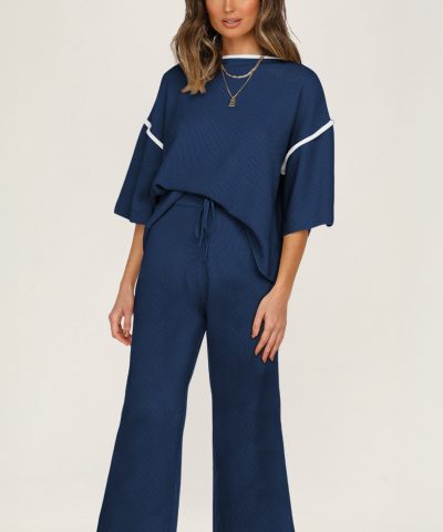 Navy Blue Contrast Trim Half Sleeve Top Drawstring Pants Loose 2pcs Sweater Suit
