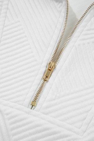 White Textured Half Zip Tank Top Drawstring Shorts Set - Image 10