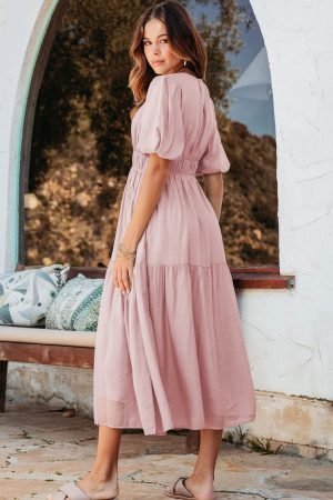 Alternative view of Pink Puff Sleeve Pleated High Waist Flowy Midi Dress