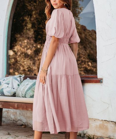 Pink Puff Sleeve Pleated High Waist Flowy Midi Dress