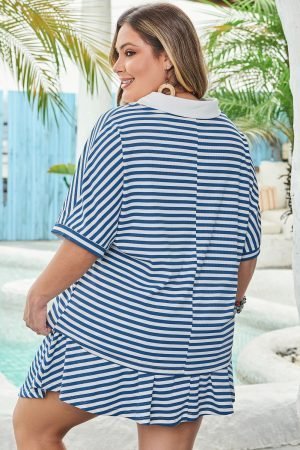 Blue Stripe Short Sleeve Collared V Neck Top Plus Size Short Set - Image 3