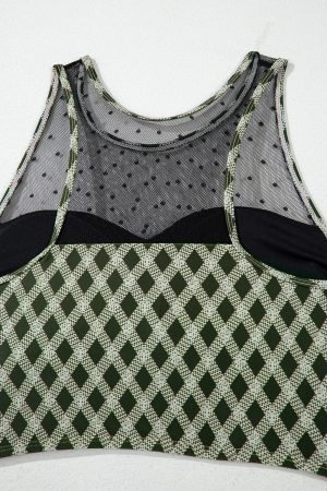 Green Dotted Mesh Plaid Patchwork High Waisted Bikini - Image 8