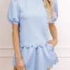 Beau Blue Puff Sleeve Pearl Embellished Scallop Trim Top 2 Piece Skort Set