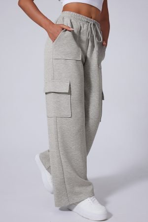 Light Grey Multi Pockets Lace-up High Waist Wide Leg Workout Pants - Image 2