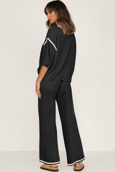 Black Contrast Trim Half Sleeve Top Drawstring Pants Loose 2pcs Sweater Suit