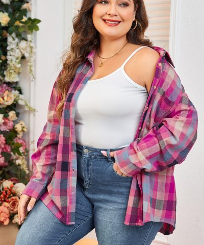 Rose Stripe Plus Size Checkered Print Button up Shirt