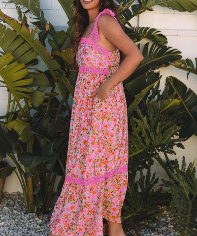 Rose Floral Lace Tied Strap Empire Waist Maxi Dress