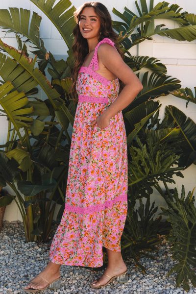 Rose Floral Lace Tied Strap Empire Waist Maxi Dress