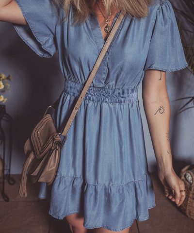 Ashleigh Blue Ruffled V Neck Smocked High Waist Denim Mini Dress