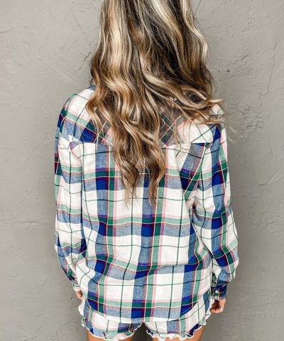 Blue Plaid Print Shirt and Shorts 2Pcs Lounge Set