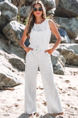 Light Grey Solid Color Crew Neck Drawstring High Waist Sleeveless Jumpsuit