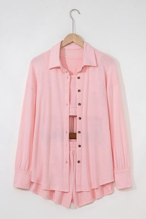 Light Pink 3 Pcs Crop Tank Top Shorts with Cardigan Lounge Set - Image 4