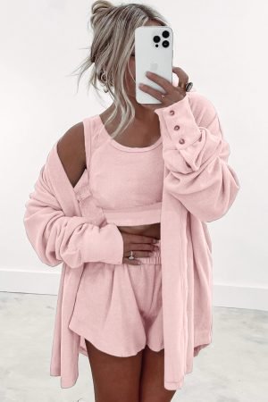 Light Pink 3 Pcs Crop Tank Top Shorts with Cardigan Lounge Set - Image 3