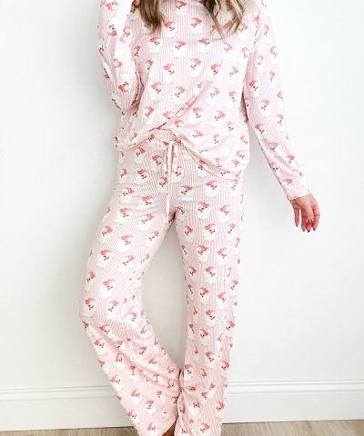 Pink Santa Claus Striped Print Loose Fit Two Piece Lounge Set