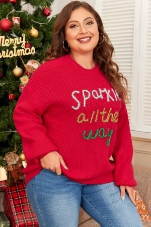 Racing Red Sparkle All The Way Tinsel Crew Neck Plus Size Sweater - Image 4