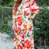 Orange Floral Print Drawstring V Neck Tiered Plus Size Dress