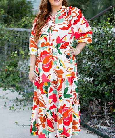 Orange Floral Print Drawstring V Neck Tiered Plus Size Dress