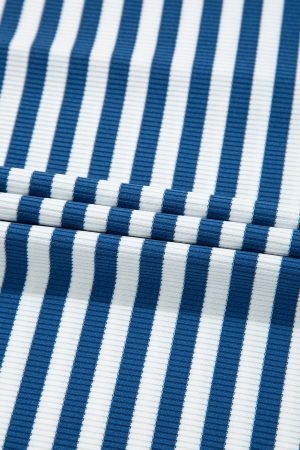 Blue Stripe Short Sleeve Collared V Neck Top Plus Size Short Set - Image 10