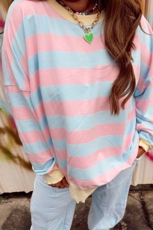 Sky Blue Stripe Drop Shoulder Crewneck Plus Size Sweatshirt - Image 6